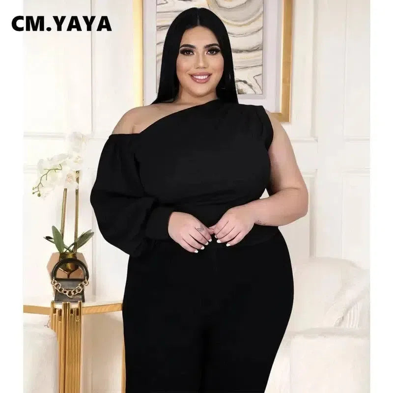 CM.YAYA Plus Size XL-5XL One Shoulder Sleeve Skew Neck Blouses and Shirt Tops-1