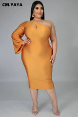 CM.YAYA Plus Size 2XL-5XL Women Dress Autumn Club Party One Shoulder Long Sleeve Cut Out Bodycon Midi Dress Pencil Dresses-2