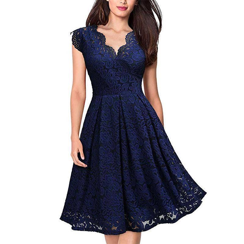 Elegant Retro Lace V-Neck Sleeveless Cocktail Dress-Dark Blue-1