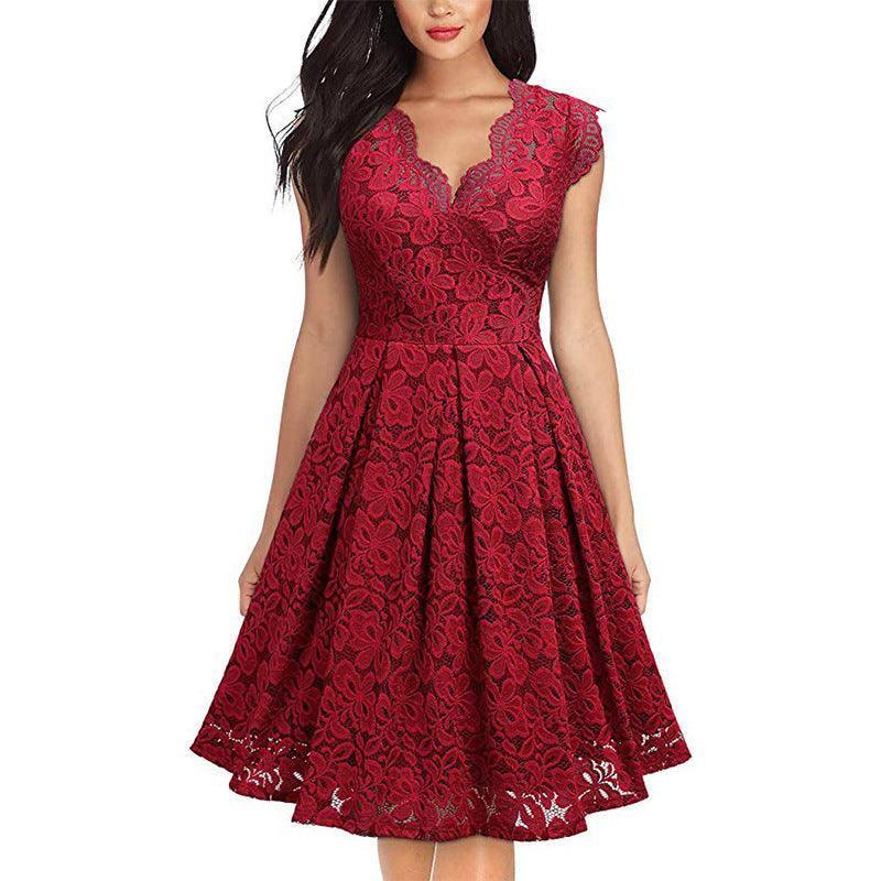 Elegant Retro Lace V-Neck Sleeveless Cocktail Dress-Claret-2