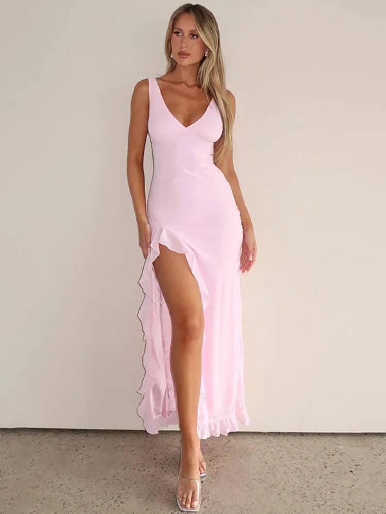 Elegant Sleeveless Ruffle Maxi Dress - Deep V Neck-1