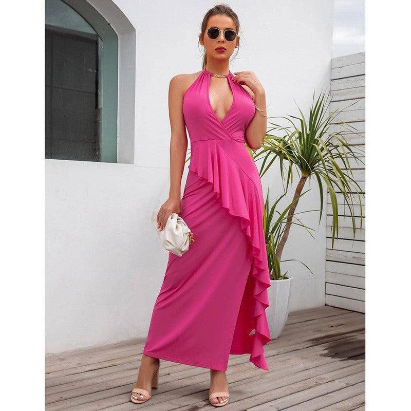 Elegant Slit Pleated Suspender Evening Dress for Women-Rose Red-2