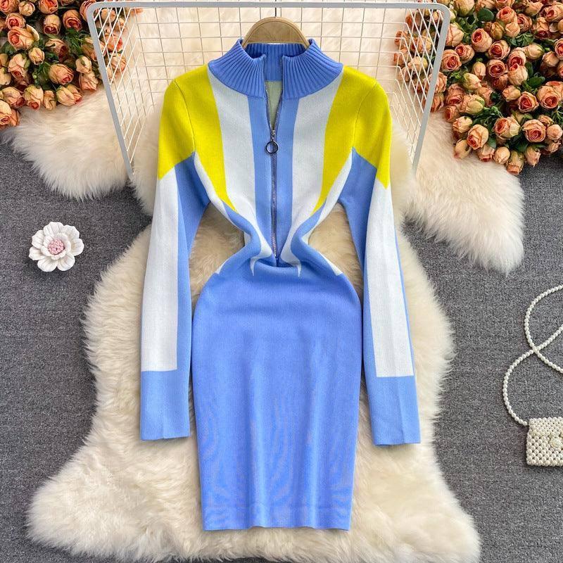 Elegant Zipper Collar Knitted Sweater Dress-yellow-1