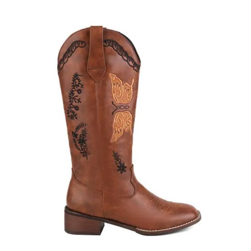 Embroidered Square Toe Mid-heel Boots For Women-Brown-7