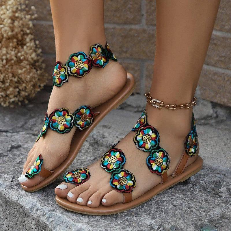 Ethnic Style Flowers Flat Sandals Summer Vacation Casual-No2-3