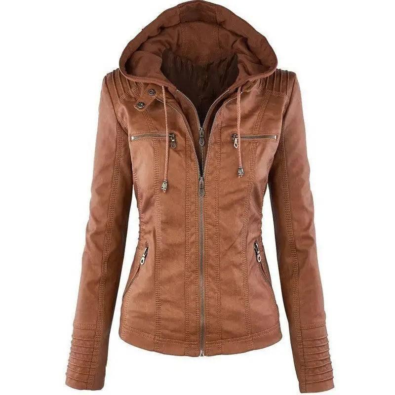 Europe Hot Removable Solid Mens Leather Jacket Lapel Ms.-Brown-1