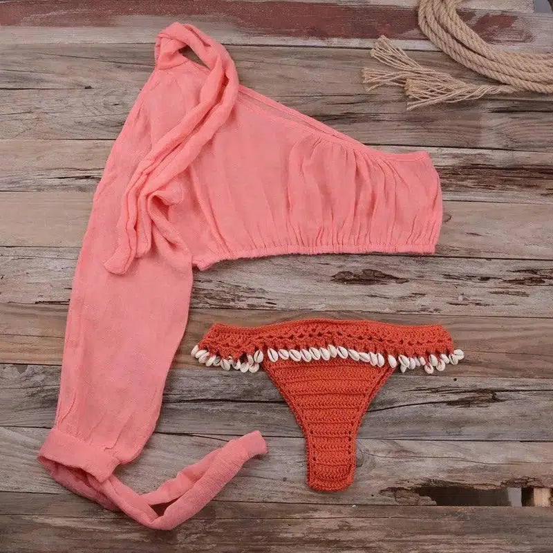 European and American beach bikini split shell suit-Watermelonred-3