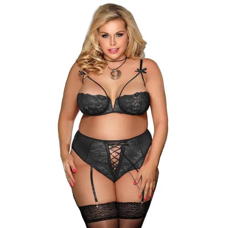 European And American Plus Size Sexy Lingerie Lace Suit-Black-1