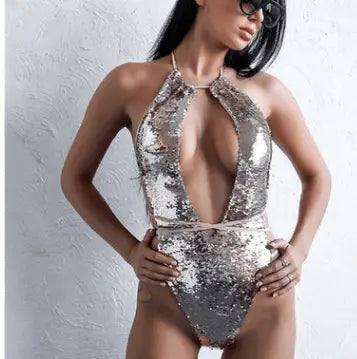 European And American Sequined Ladies One-piece Halter-White-3