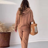 European And American Solid Color Thick Rope Twist Zipper Hooded Casual Sweater Suit-Camel-6