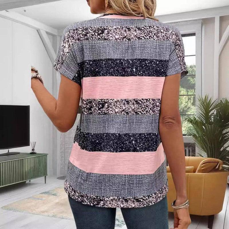 European And American Summer Short Sleeve Striped V-neck 3D-4