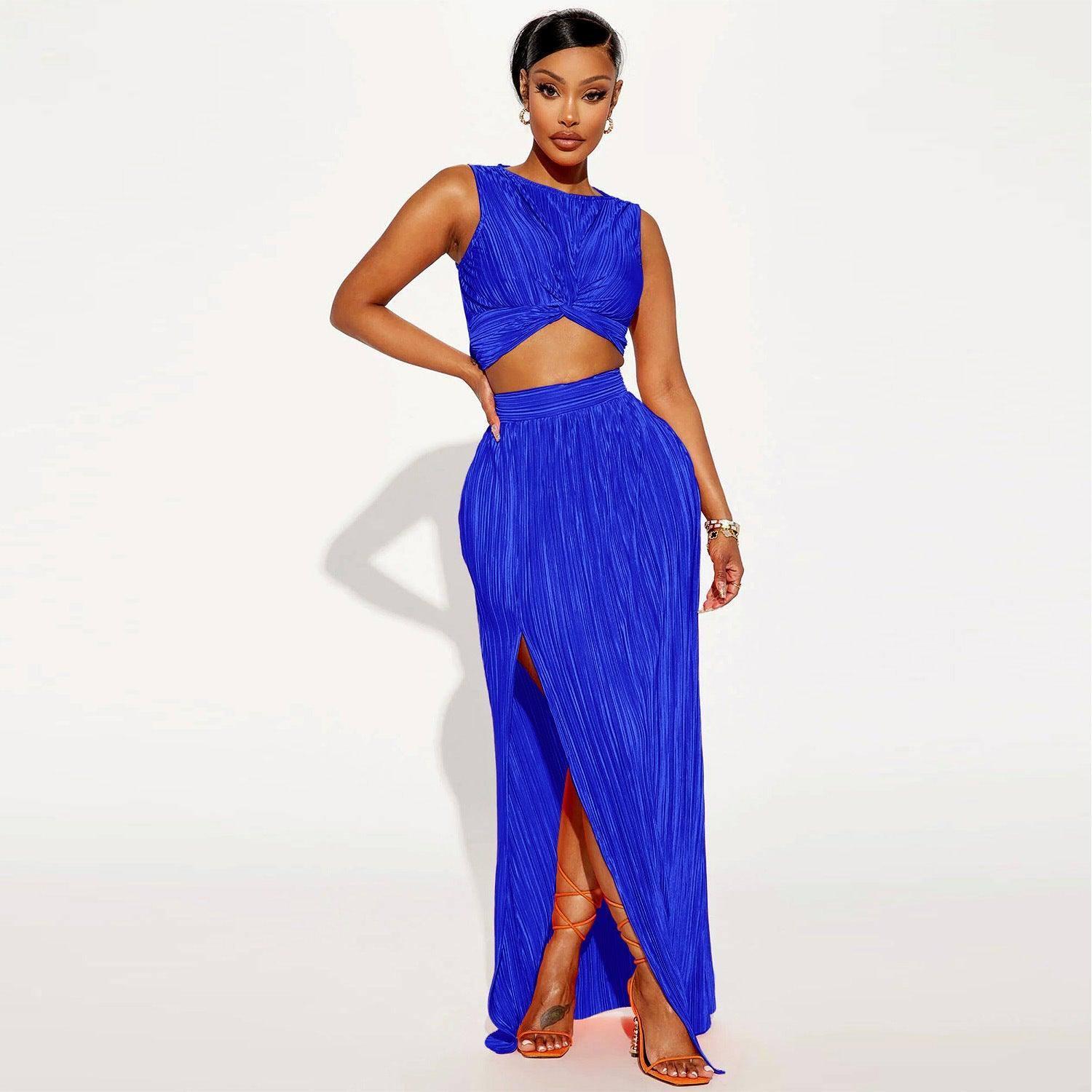 European And American Women's Clothing Slit Dress Two-piece-Blue-1