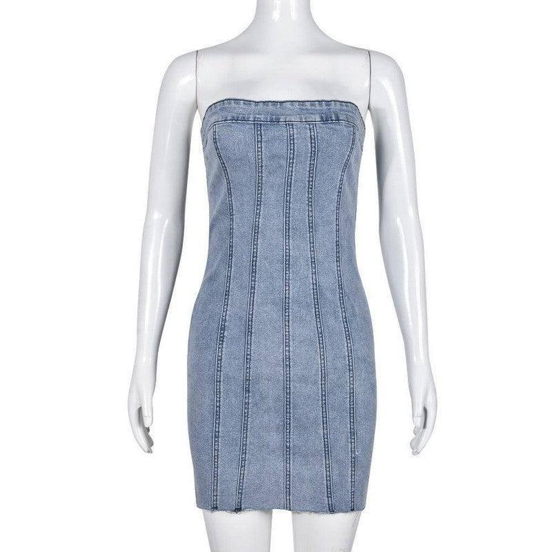 Fashion Backless Tube Denim Dress Summer Sexy Slim Short-Light Blue-4