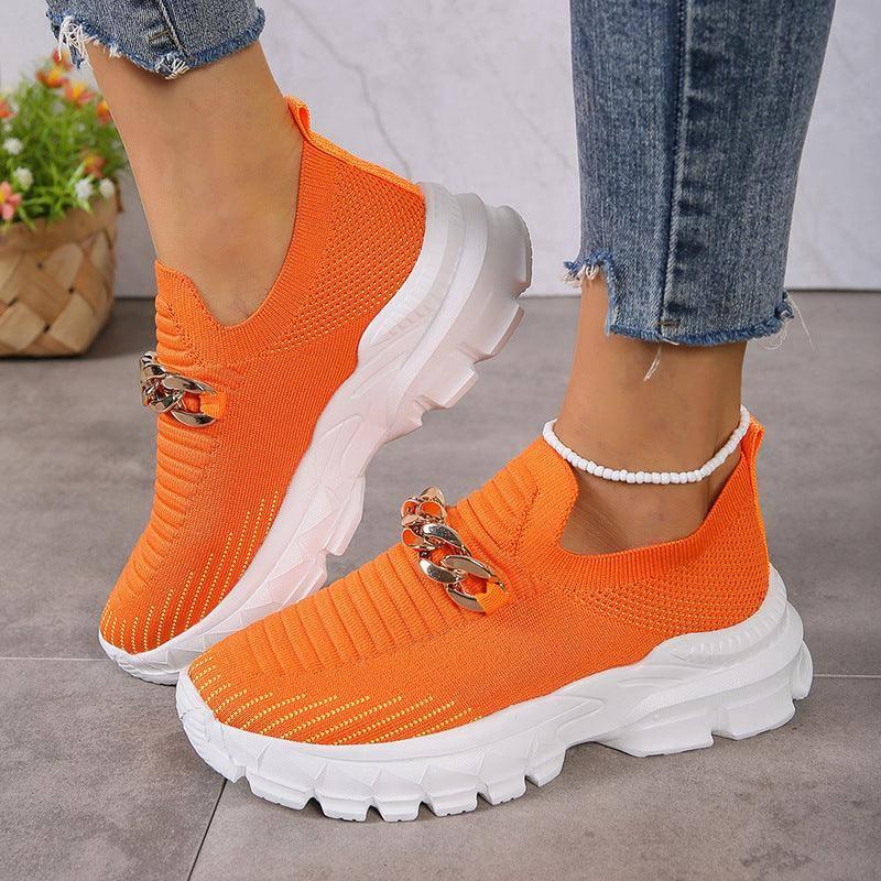 Fashion Chain Design Shoes For Women Breathable Casual Soft Sole Walking Sock Slip On Flat Shoes-5