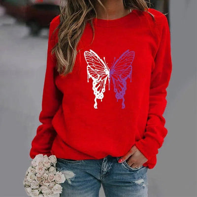 Fashion Colorized Butterfly Round Neck Sweater Printed-Red-4