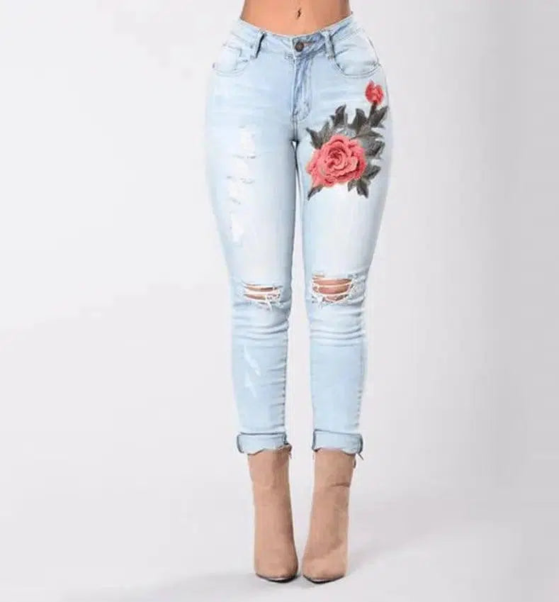 LOVEMI - Fashion Hole Embroidered High-elastic Jeans Women's Trousers