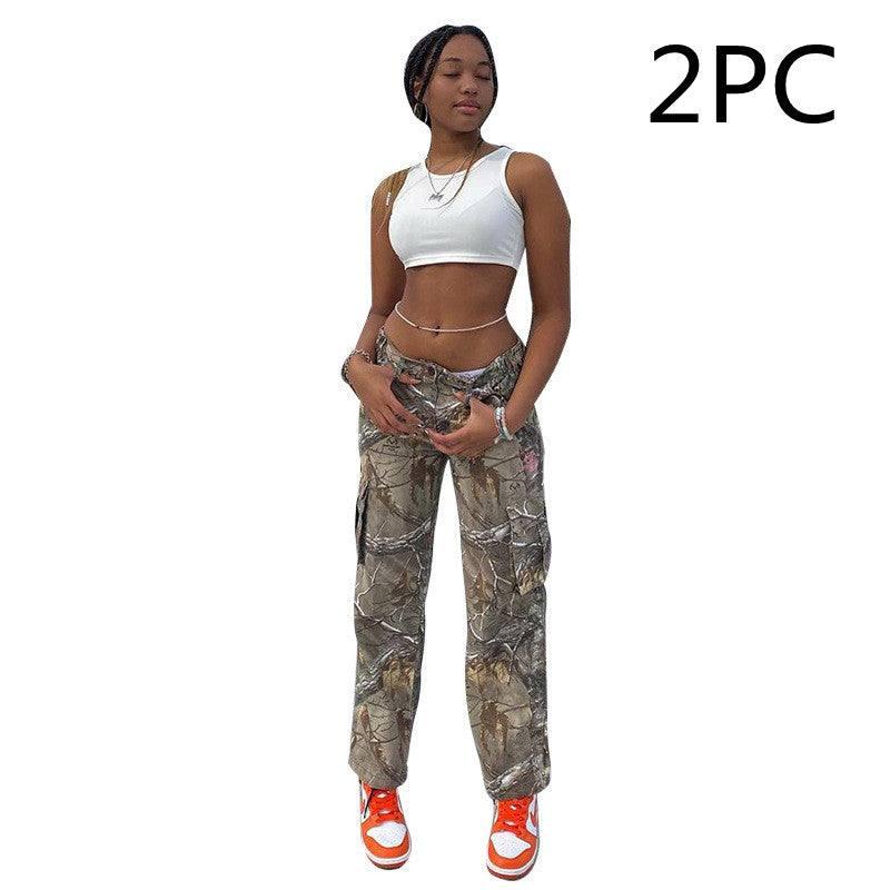 Fashion Leaf Print Tooling Straight Loose Trousers-Variegated A20694P 2PC-6