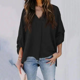 Fashion Solid Color V-Neck Long-Sleeved Casual Loose Shirt-Black-3