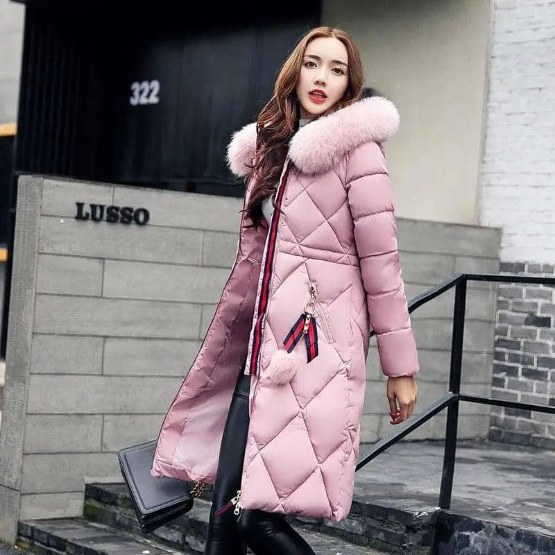 Fashionable Women's Over-the-knee Long Fur Collar Quilted-Pink-1