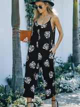 Flowers Print Suspender Jumpsuit With Pockets Spring Summer-Black Printing-5