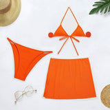 Fluorescent Color Three-piece Swimsuit Mesh Bikini Set-Orange-1