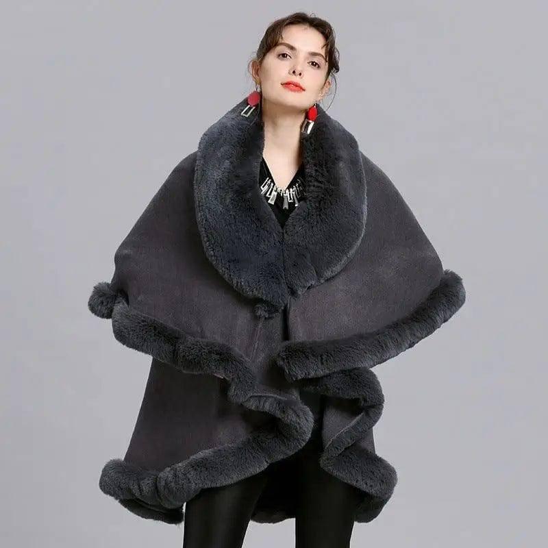 Fur Shawl And Fur Collar Knitted Cardigan Shawl Cloak-Dark Grey-4