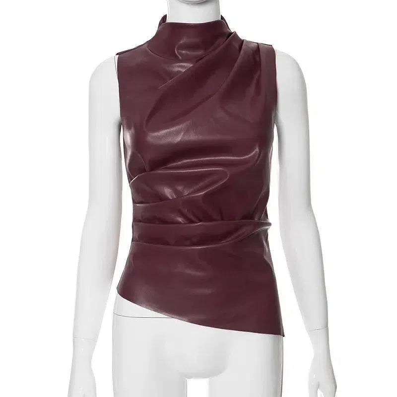 Gtpdpllt PU Leather Tank Top High Fashion Asymmetrical-Claret-6