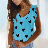 Heart Print V-Neck Ruffled Pleated T-Shirt Top-Lakeblue-5