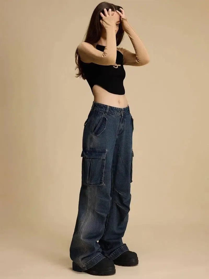 Women's Wide Leg Denim Cargo Pants - Trendy Streetwear-4