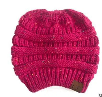 High Bun Ponytail Beanie Hat Chunky Soft Stretch Cable Knit-RoseredB-8