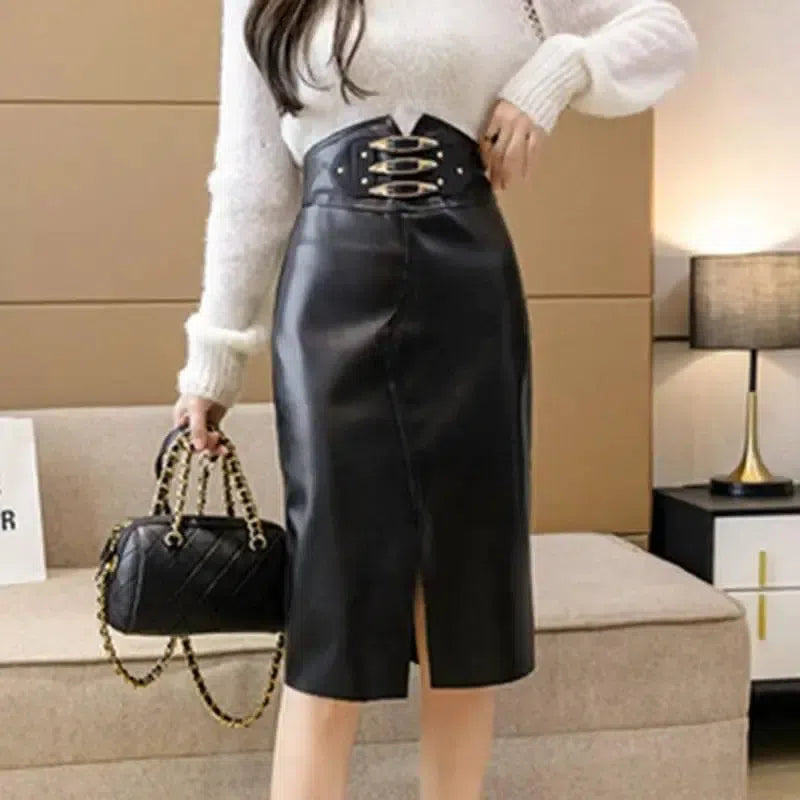 High Waist Slimming Decorative Buckle Sheath A- Line Skirt-1