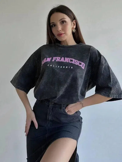 Hirsionsan Acid Washed T Shirt Women Vintage Cotton T-shirts-Black 7-11