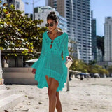 Hollow Lace-Up Beach Long Skirt Bikini Sunscreen Blouse-Green-1