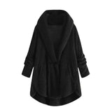 Hooded solid color casual jacket with horn button plush top-Black-1