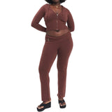 Hoodie Suit Women Leisure Zip Long Sleeve Sweater And High Waist Long Pants Set-Brown suit-20