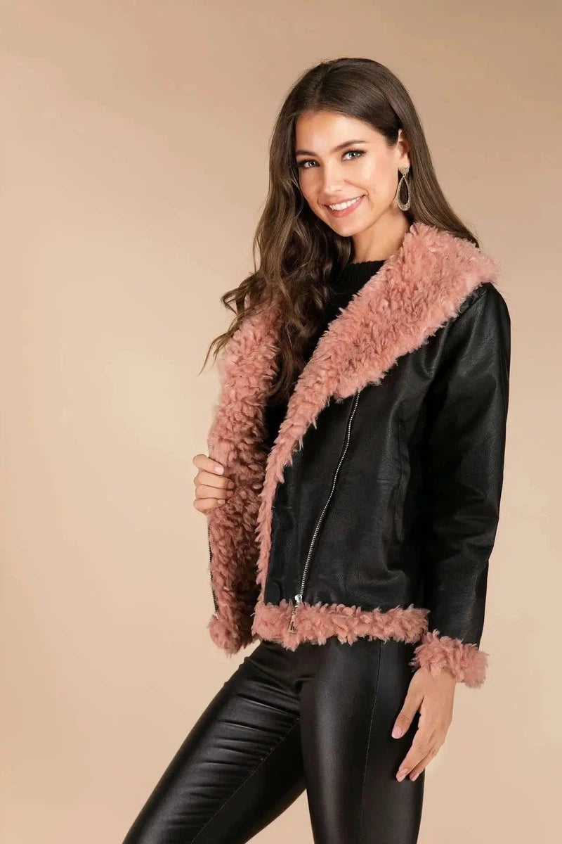 Imitation raccoon fur sheepskin leather jacket-Pink-3