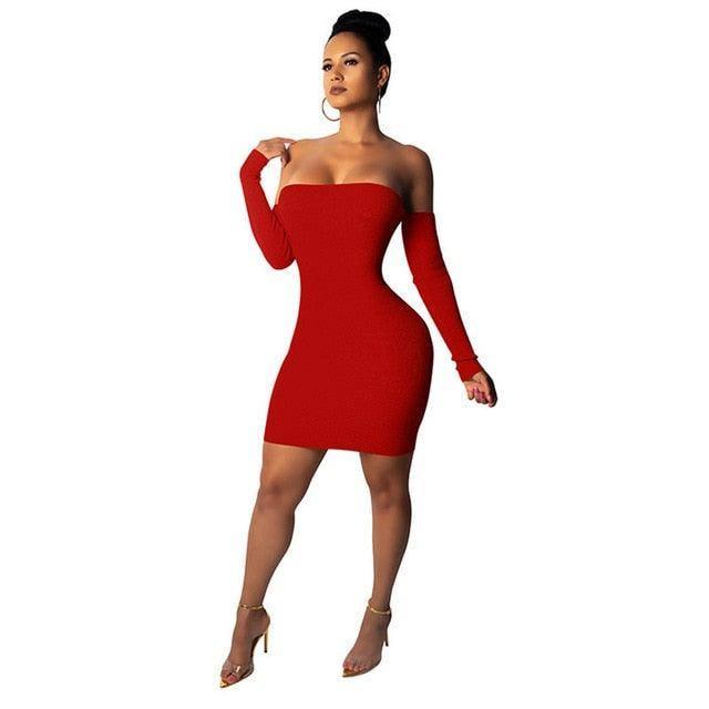 Knitted Long Sleeve Mini Bandage Dress Club Party Winter Off-Red-6