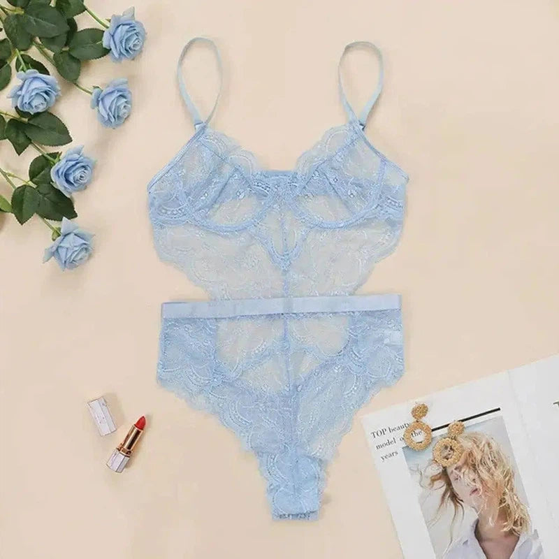 Lace Lingerie Slim-fit Corset One-piece Women-LightBlue-10