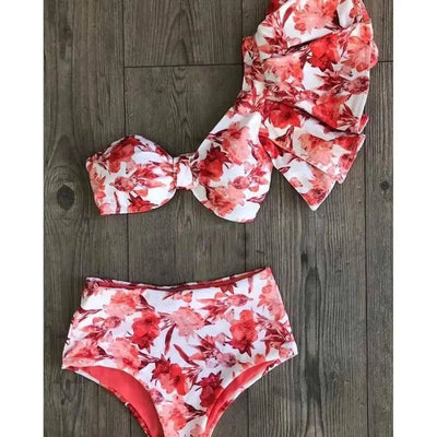 Ladies High Waist Ruffle Swimsuit Bikini-Redonwhite-4