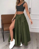 Ladies Suit Summer New Sleeveless Solid Color Slit Two-piece Set-Black Green-8