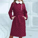 Lapel Cotton-padded Coat Mid-length Slim-fit Rhombus Plaid-Wine Red-1