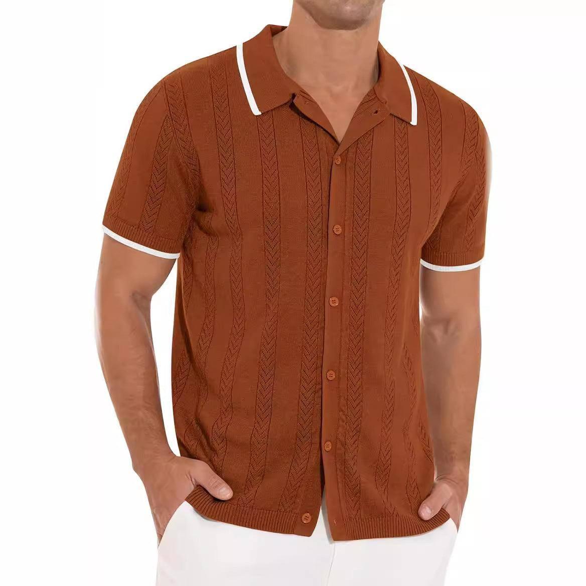 Lapel Short-sleeved Shirt Summer Fashion Casual Stitching-Camel-3