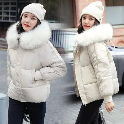 Large Fur Collar Thick Padded Jacket Down Women Short Slim-White-4