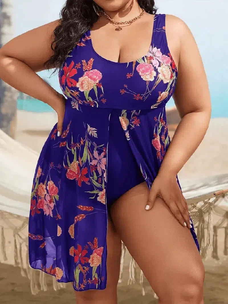 Large Size Plant Print Ruffle Hem One Piece Swimsuit Plus-Purple-6