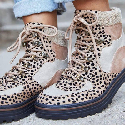 Leopard Boots Women Lace Up Martin Boots Winter Low Heel-6