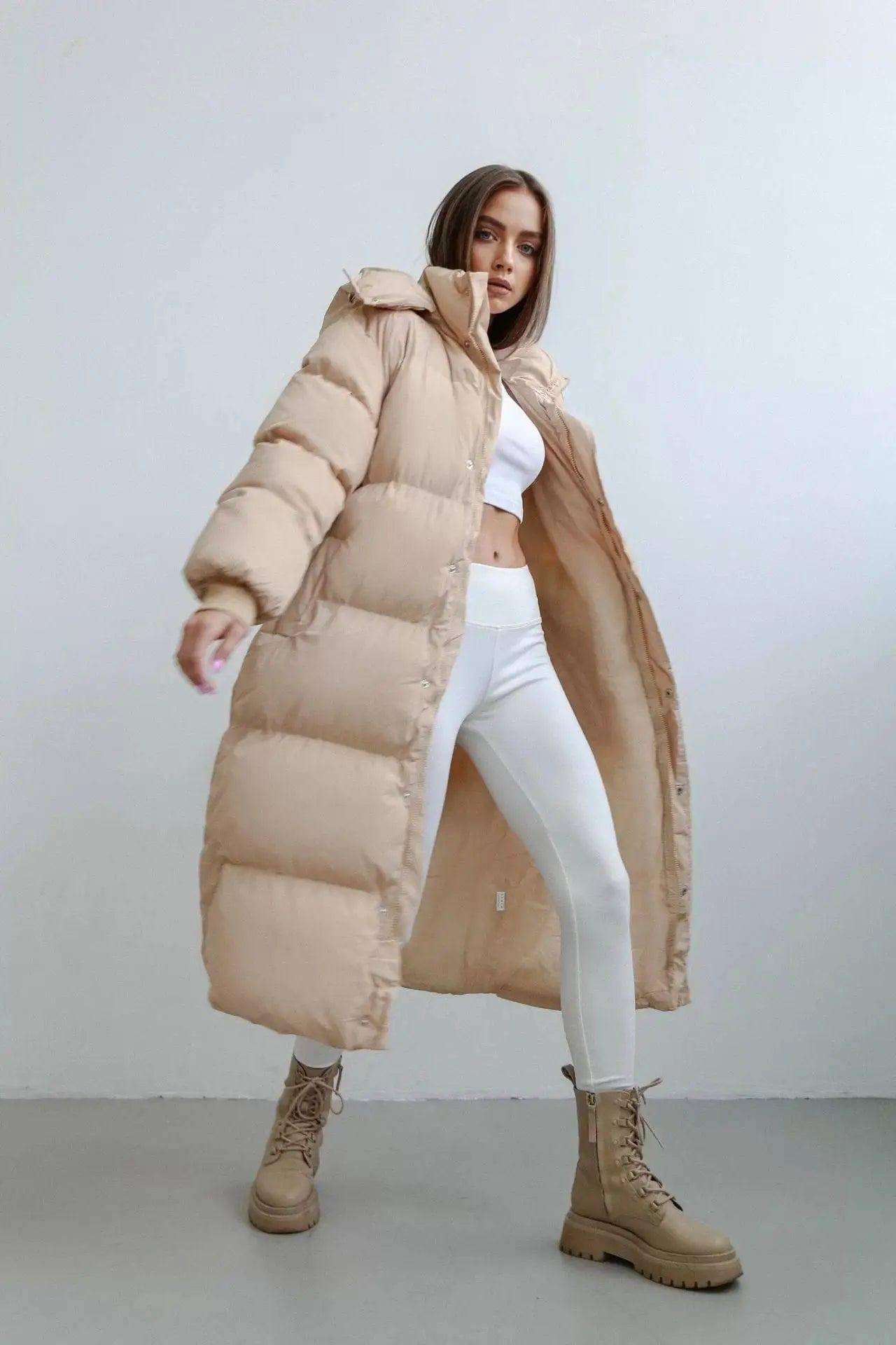 Long Loose Hooded Zipper Warm Padded Jacket-Apricot-5