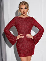 Long Sleeve Short Dress Women Sparkling Sequin Backless Lace-Red-3