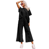 Loose Short Sleeve Trousers Suit-Black-2