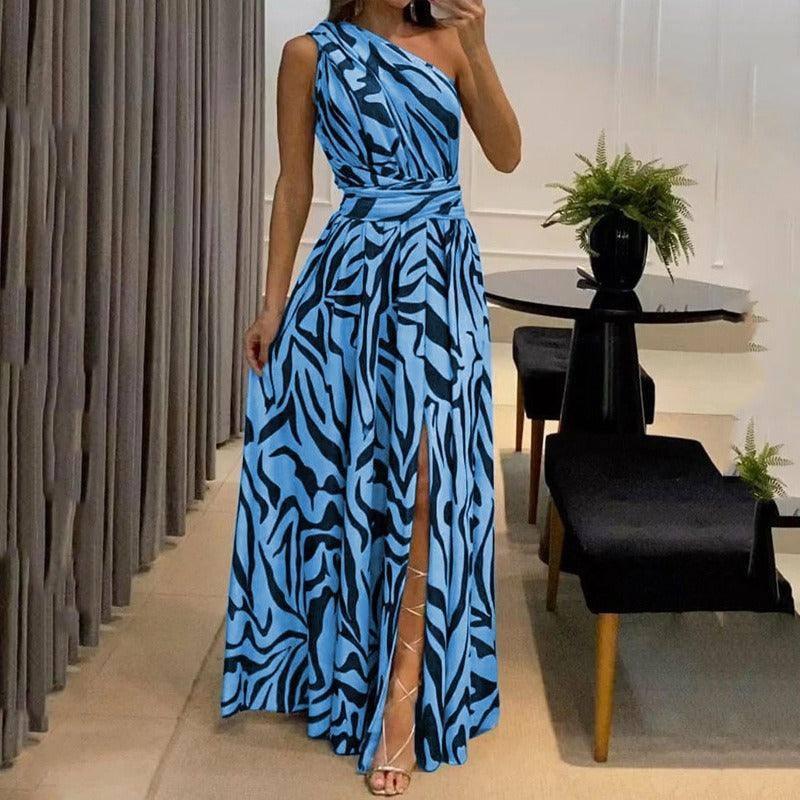 Loud back single shoulder sleeveless printed long dress for-6