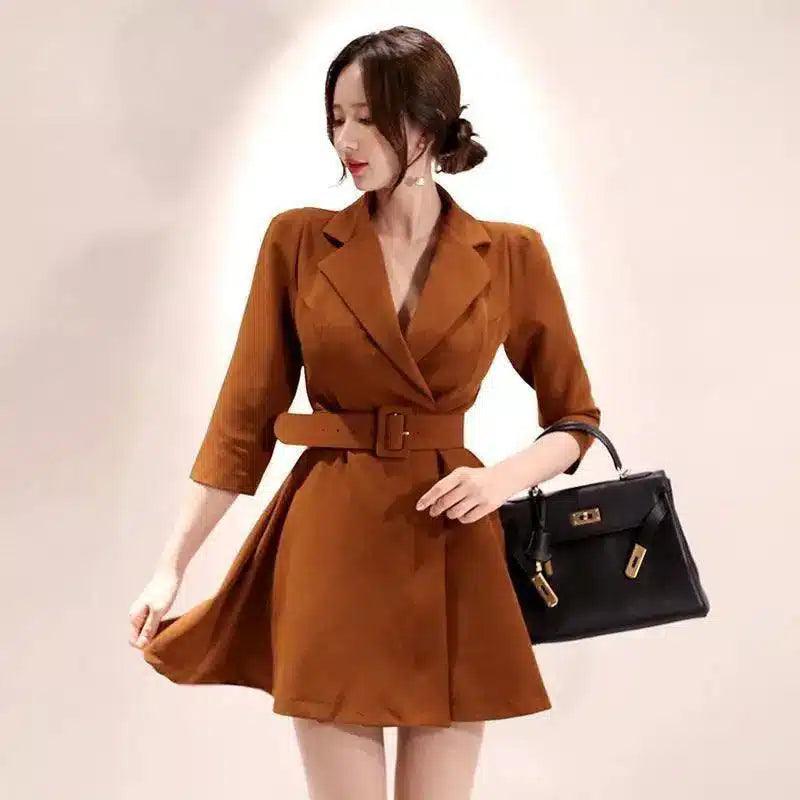 Belted Women's Dress with Pockets and Flared Skirt-Brown-1